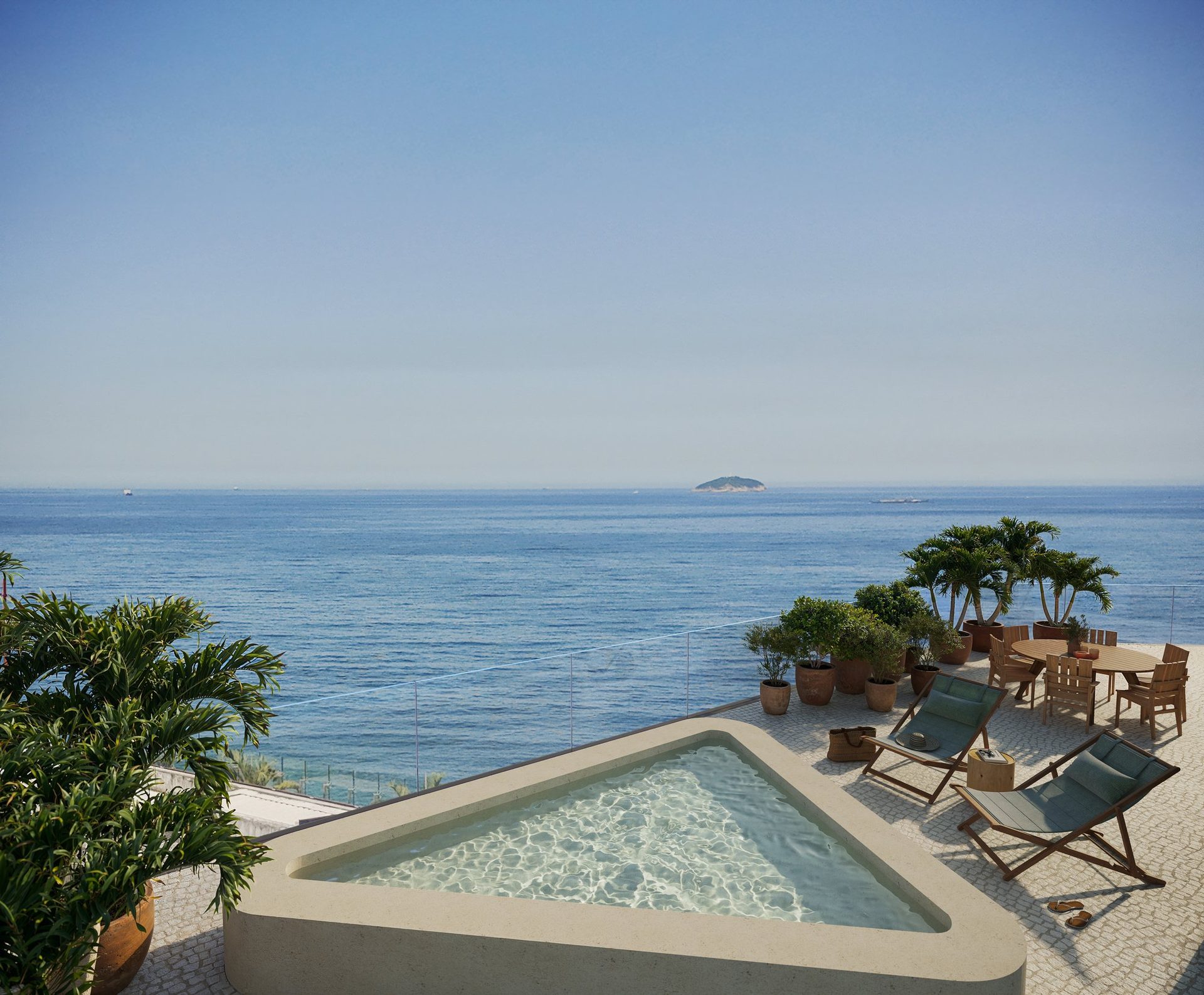 Terraço da Cobertura 1101 do VIE com piscina e vista panorâmica para o mar de Ipanema