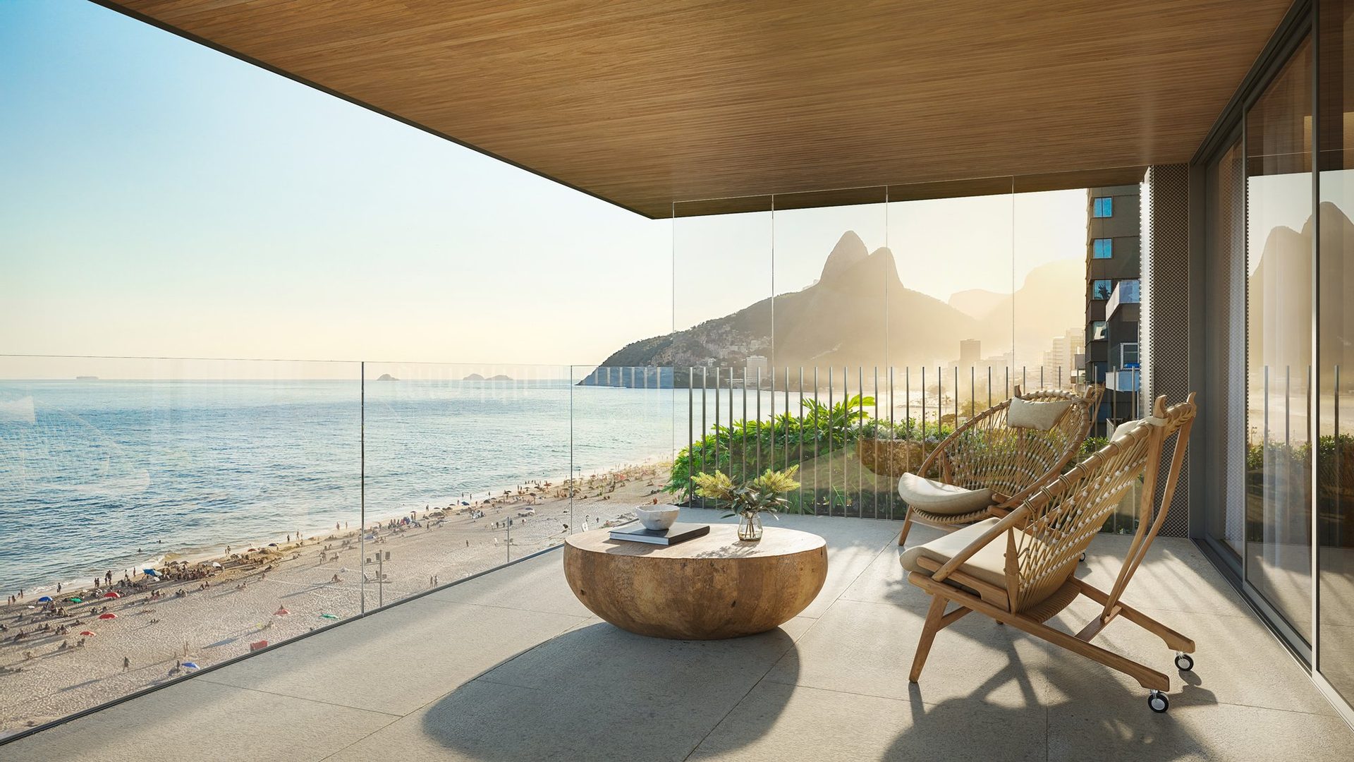Varanda de apartamento do VIE com vista para a praia e o mar de Ipanema
